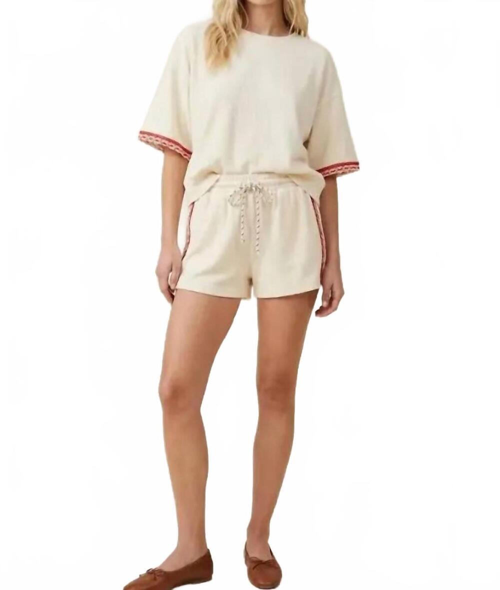 NEW DAVI & DANI fuzzy terry tee & embroidered trim shorts set in cream/red